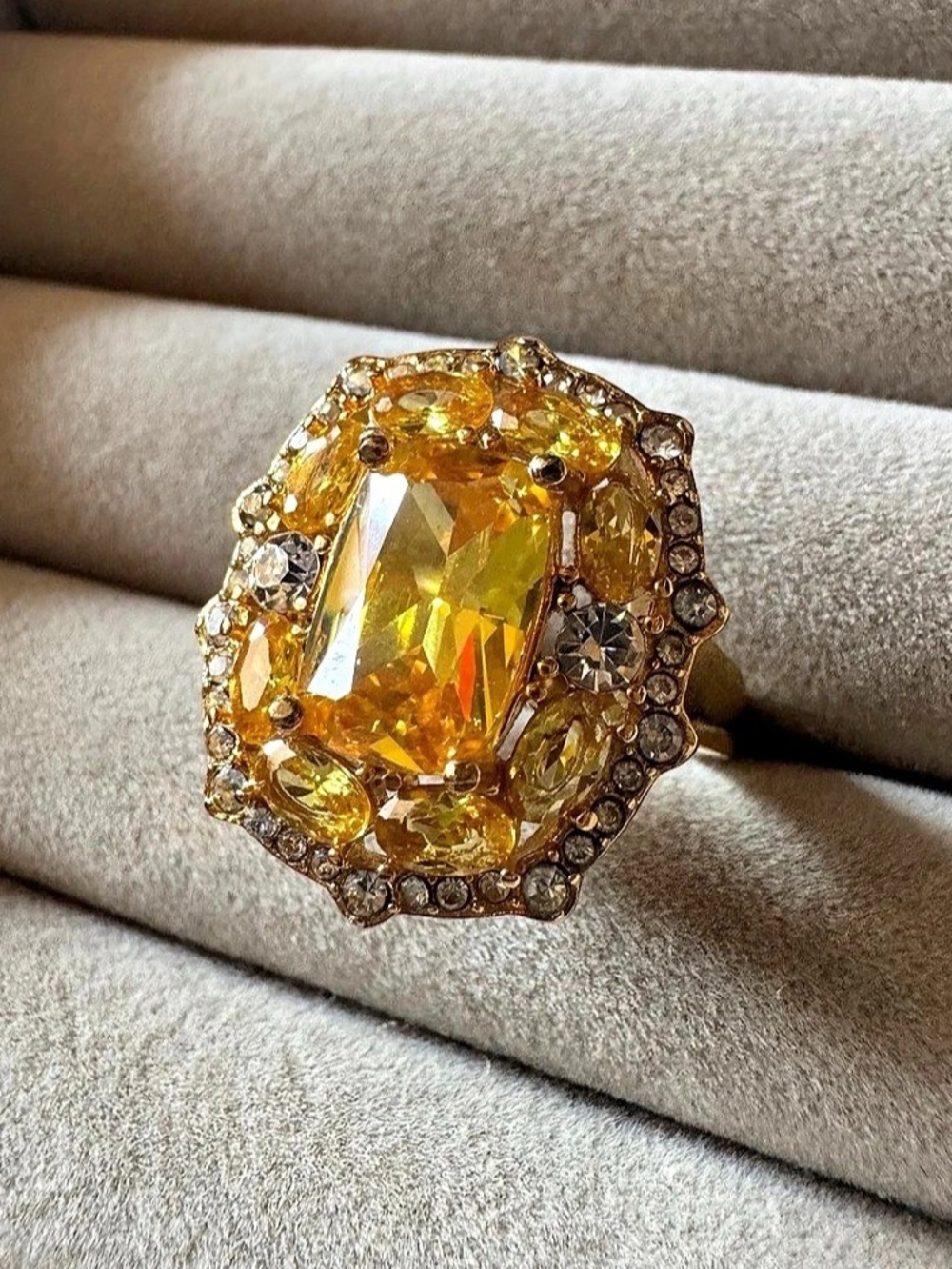 316L Stainless Steel Huge Golden Yellow Multistone Statement Ring Size 8
